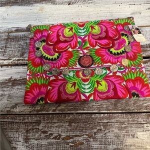 Colorful Floral Embroidered Clutch With Coin Accents